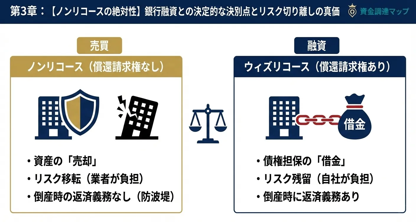 売掛先倒産時のリスクをファクタリング会社が負うノンリコース（償還請求権なし）の図解 資金調達マップ
