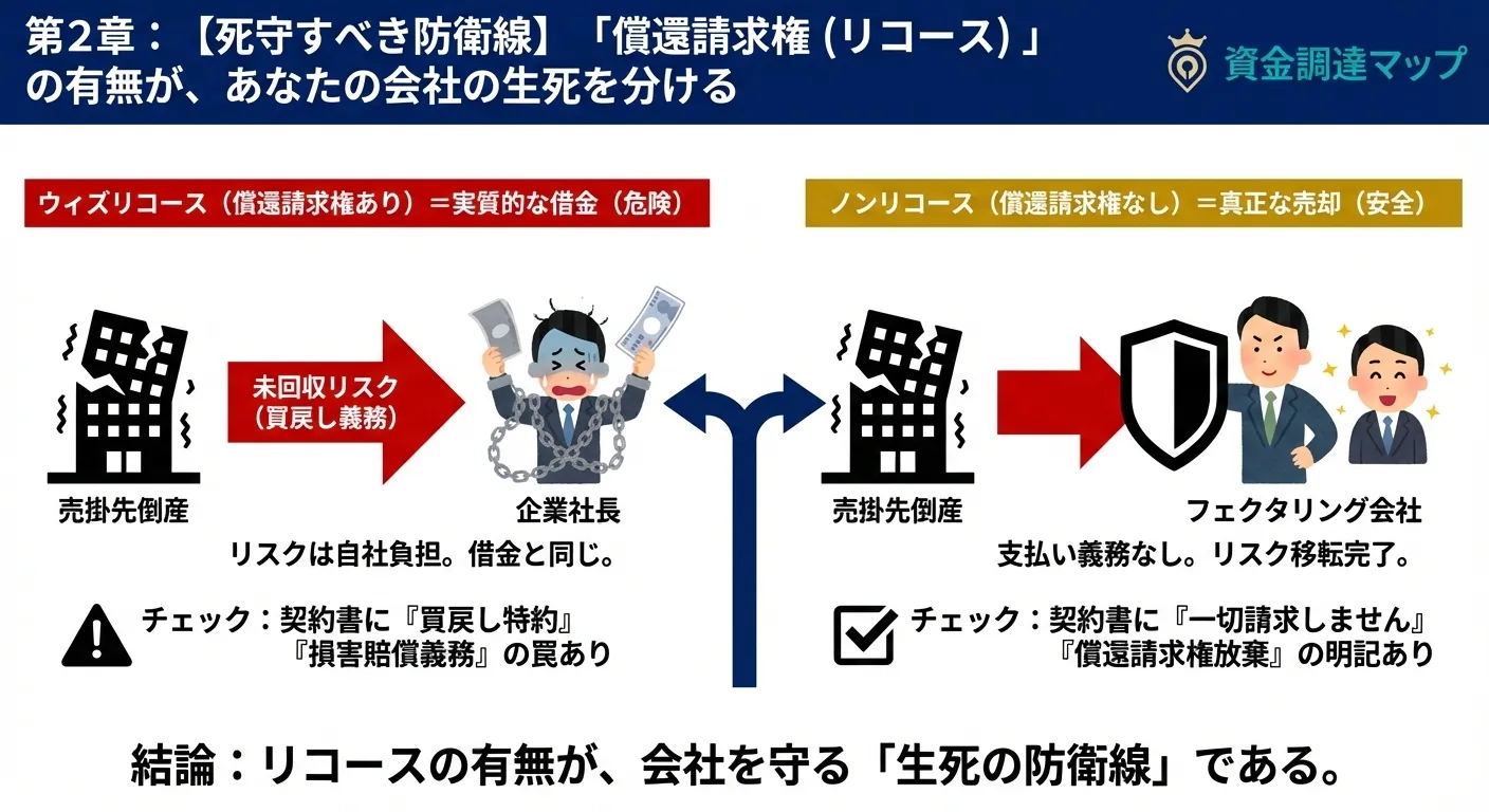 償還請求権（リコース）の有無による未回収リスク負担の所在と法的性質の分岐フロー