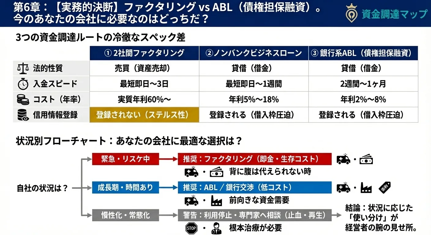 緊急度と信用力に基づいたファクタリング・ABL・ビジネスローンの最適選定フロー